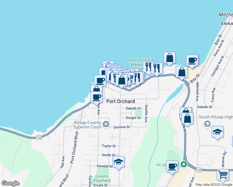 map of restaurants, bars, coffee shops, grocery stores, and more near 736 Prospect Street in Port Orchard