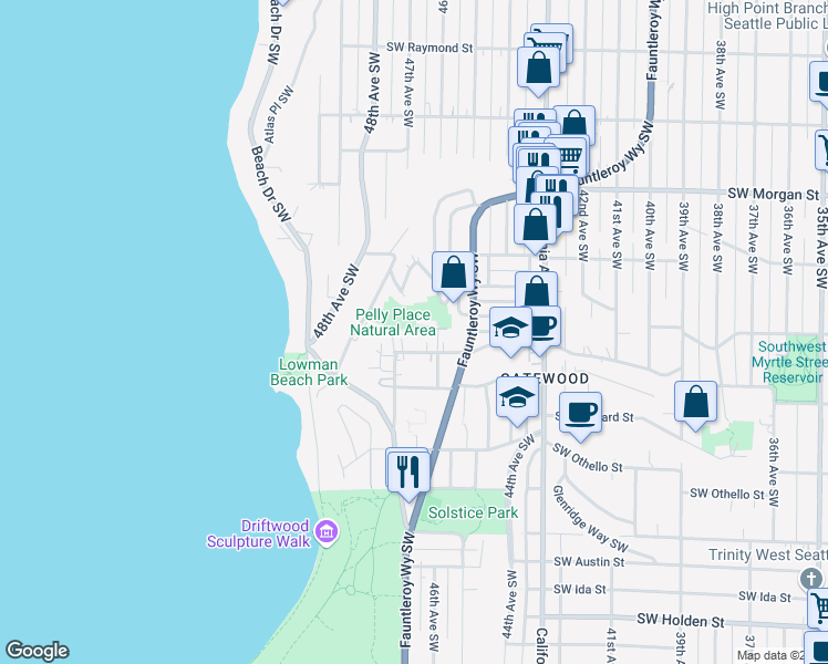map of restaurants, bars, coffee shops, grocery stores, and more near 4617 Southwest Maple Way in Seattle