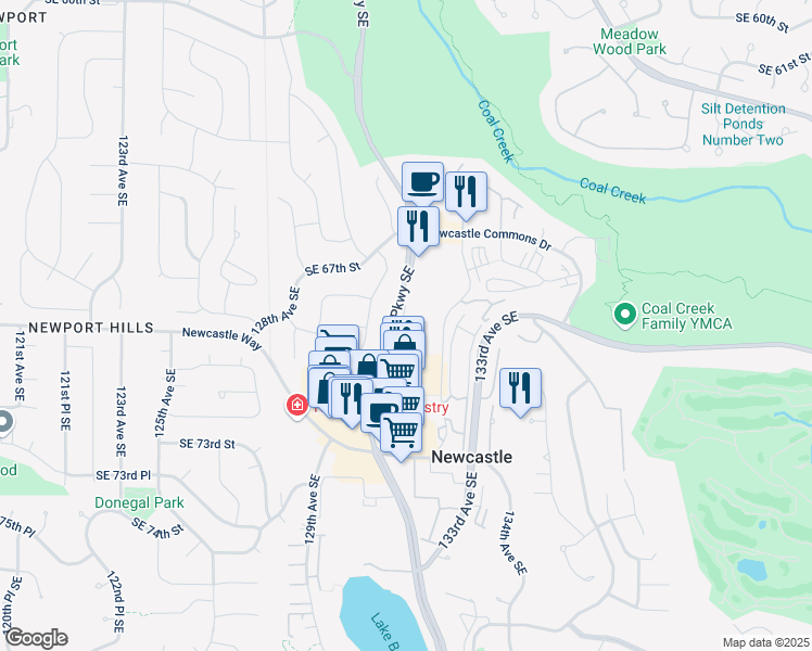 map of restaurants, bars, coffee shops, grocery stores, and more near 6810 Coal Creek Parkway Southeast in Newcastle