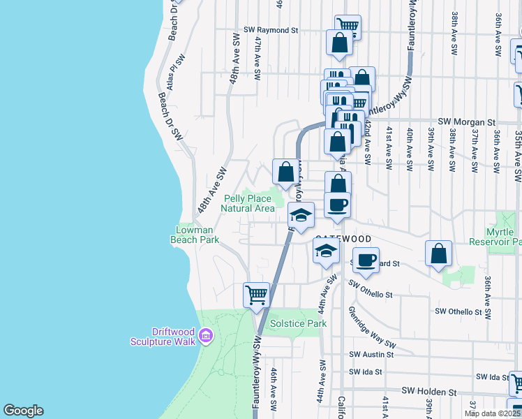 map of restaurants, bars, coffee shops, grocery stores, and more near 4617 Southwest Maple Way in Seattle