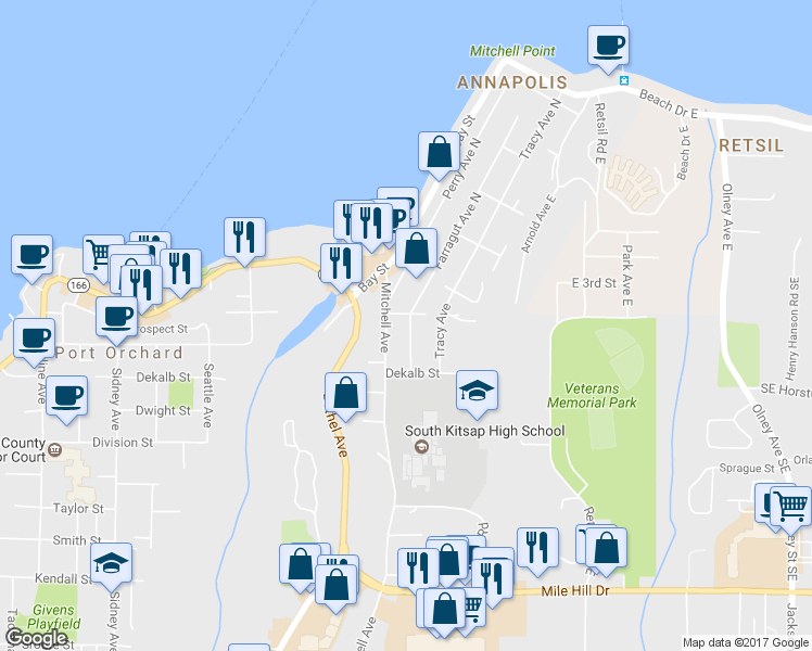 map of restaurants, bars, coffee shops, grocery stores, and more near 210 Farragut Avenue in Port Orchard