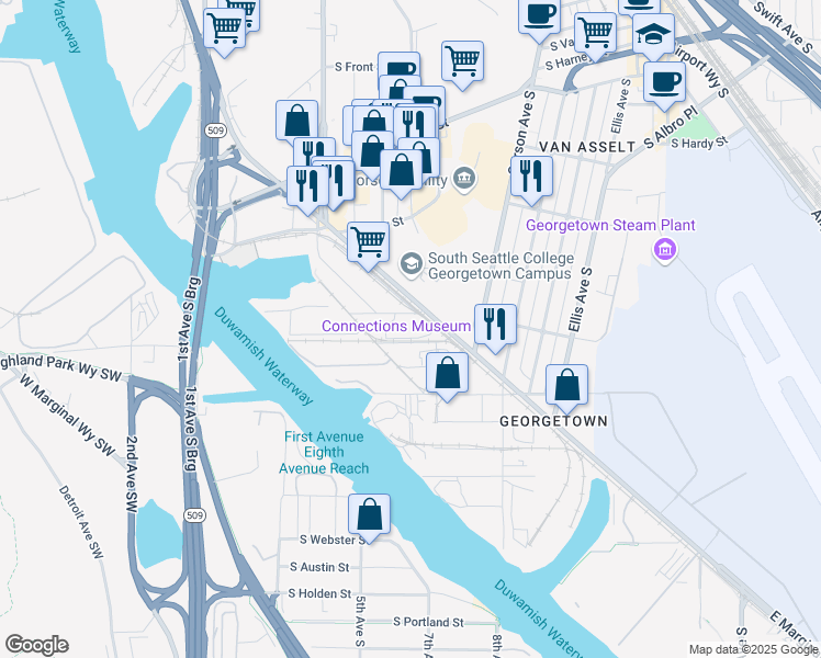 map of restaurants, bars, coffee shops, grocery stores, and more near 6851 East Marginal Way South in Seattle