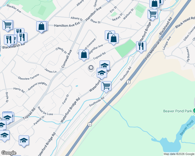 map of restaurants, bars, coffee shops, grocery stores, and more near 122 Waterford Bridge Road in St. John's