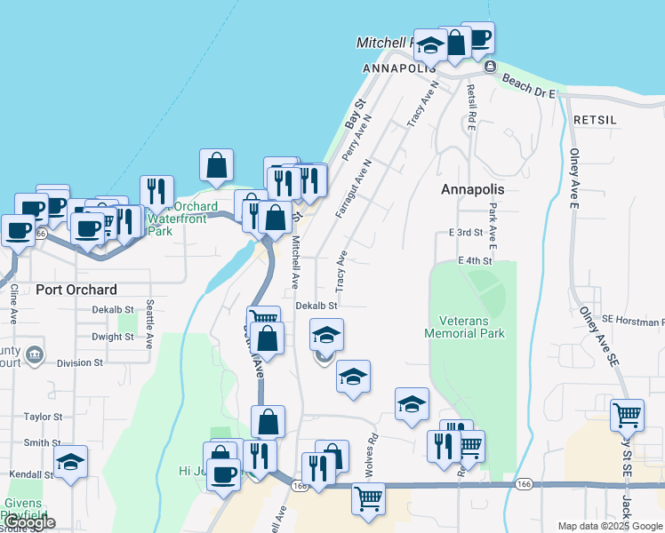 map of restaurants, bars, coffee shops, grocery stores, and more near 206 Tracy Avenue in Port Orchard