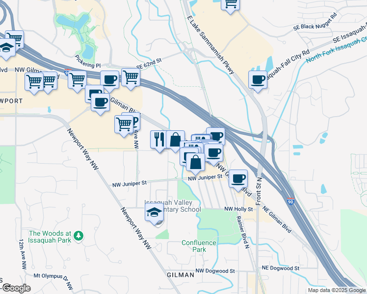 map of restaurants, bars, coffee shops, grocery stores, and more near 385 Northwest Gilman Boulevard in Issaquah