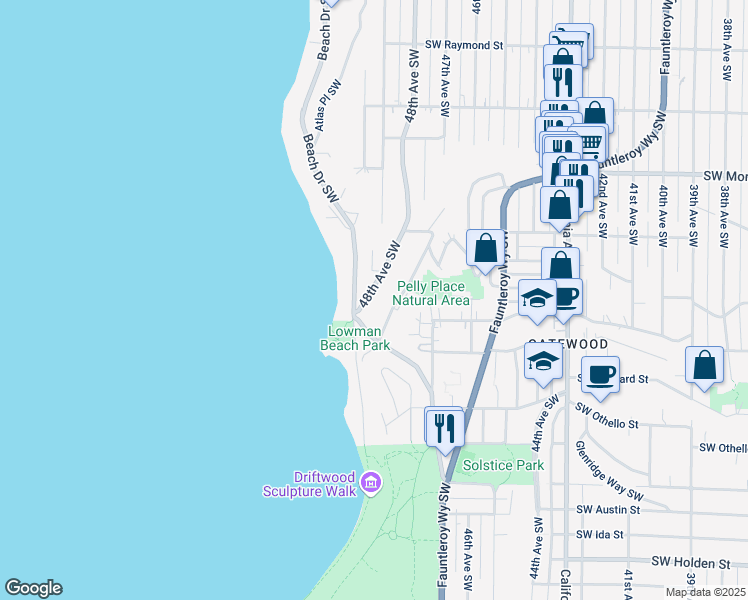 map of restaurants, bars, coffee shops, grocery stores, and more near 6780 48th Avenue Southwest in Seattle