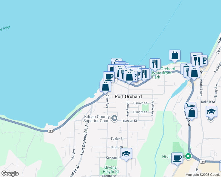 map of restaurants, bars, coffee shops, grocery stores, and more near 216 Prospect Street in Port Orchard