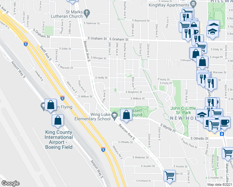 map of restaurants, bars, coffee shops, grocery stores, and more near 6760 28th Avenue South in Seattle