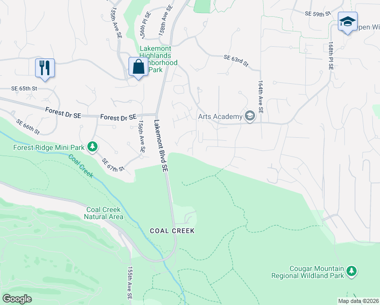 map of restaurants, bars, coffee shops, grocery stores, and more near 6825 Southeast Cougar Mountain Way in Bellevue