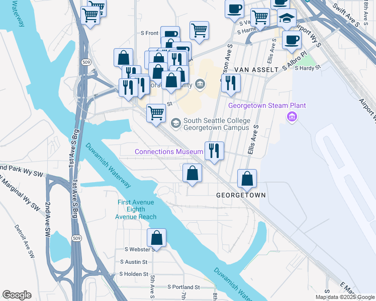 map of restaurants, bars, coffee shops, grocery stores, and more near 6851 East Marginal Way South in Seattle