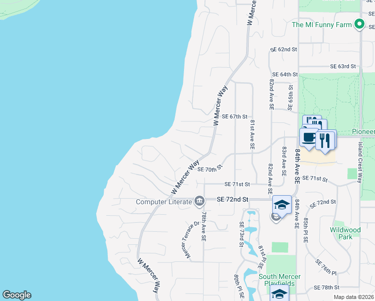 map of restaurants, bars, coffee shops, grocery stores, and more near 6849 West Mercer Way in Mercer Island