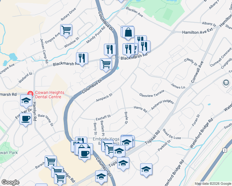 map of restaurants, bars, coffee shops, grocery stores, and more near 304 Anspach Street in St. John's