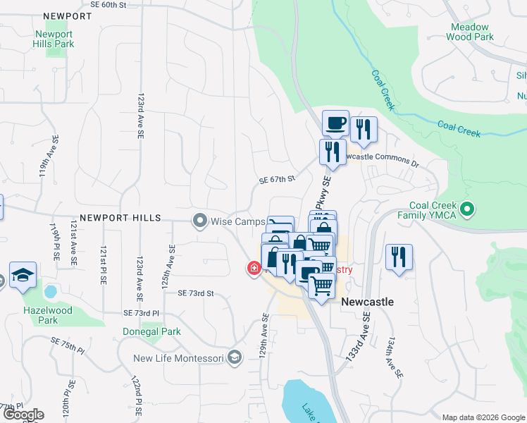 map of restaurants, bars, coffee shops, grocery stores, and more near 12812 Southeast 69th Place in Bellevue