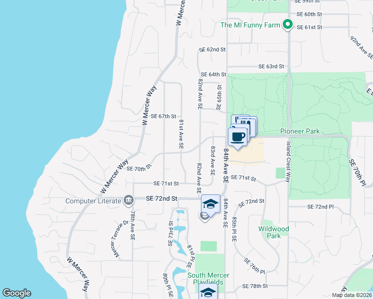 map of restaurants, bars, coffee shops, grocery stores, and more near 8101 Southeast 70th Street in Mercer Island