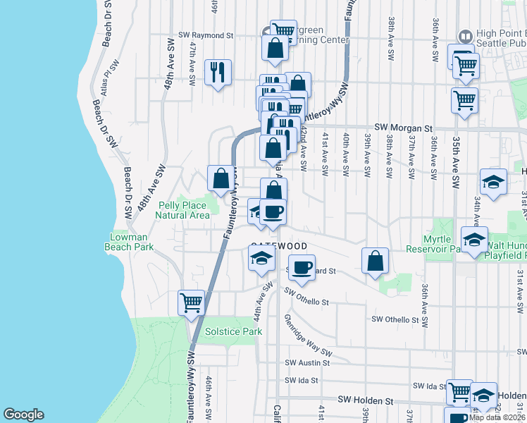 map of restaurants, bars, coffee shops, grocery stores, and more near 4314 Southwest Frontenac Street in Seattle