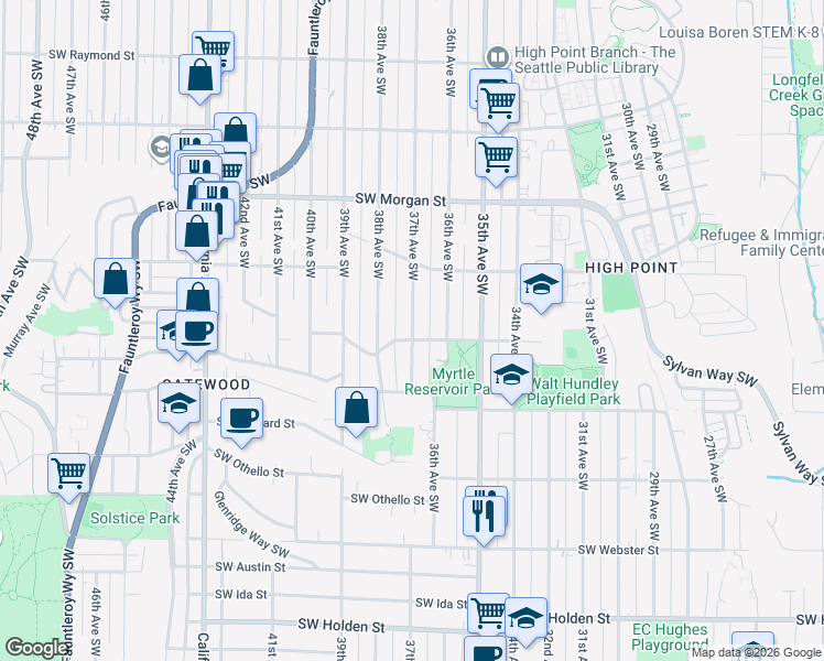 map of restaurants, bars, coffee shops, grocery stores, and more near 37th Avenue Southwest in Seattle