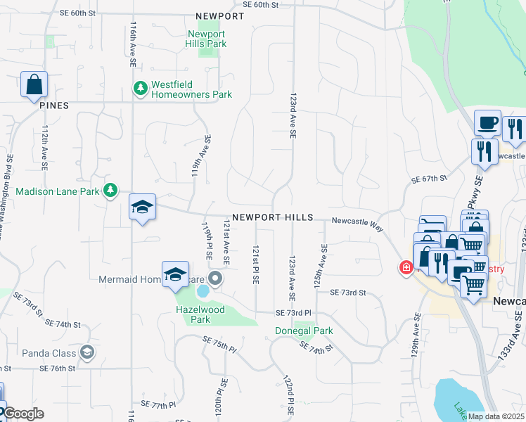 map of restaurants, bars, coffee shops, grocery stores, and more near 6951 121st Place Southeast in Newcastle
