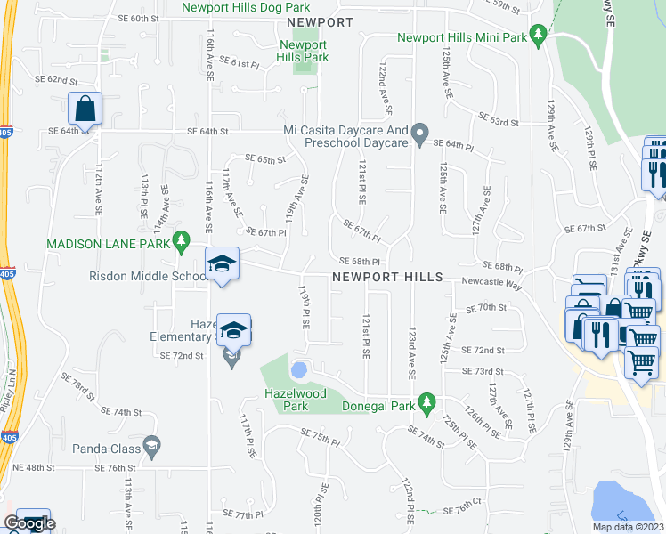 map of restaurants, bars, coffee shops, grocery stores, and more near 12109 Southeast 68th Place in Bellevue