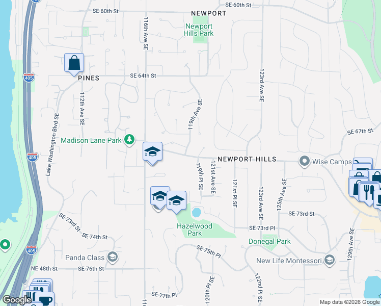 map of restaurants, bars, coffee shops, grocery stores, and more near 11829 Southeast 68th Place in Bellevue