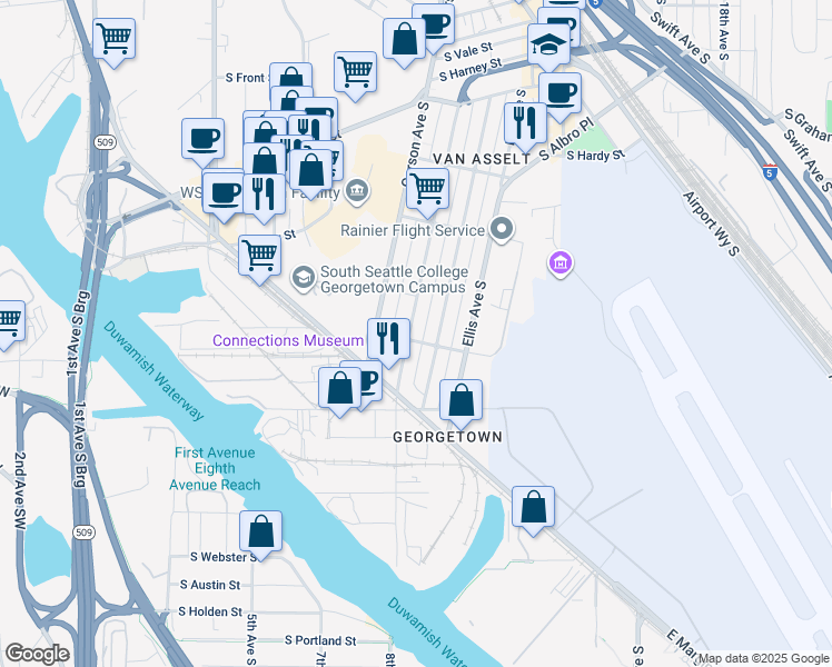 map of restaurants, bars, coffee shops, grocery stores, and more near 6906 Carleton Avenue South in Seattle