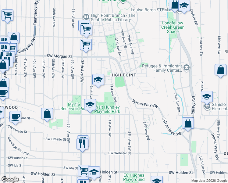 map of restaurants, bars, coffee shops, grocery stores, and more near 6904 30th Place Southwest in Seattle
