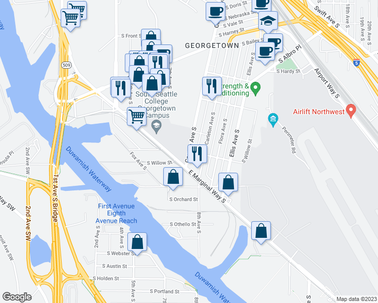 map of restaurants, bars, coffee shops, grocery stores, and more near Corson Avenue South & South Willow Street in Seattle