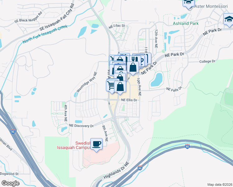 map of restaurants, bars, coffee shops, grocery stores, and more near 1451 Highlands Drive Northeast in Issaquah