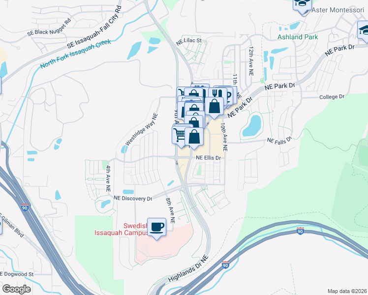 map of restaurants, bars, coffee shops, grocery stores, and more near 1451 Highlands Drive Northeast in Issaquah