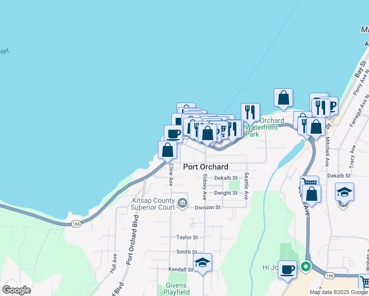 map of restaurants, bars, coffee shops, grocery stores, and more near 700 Prospect Street in Port Orchard