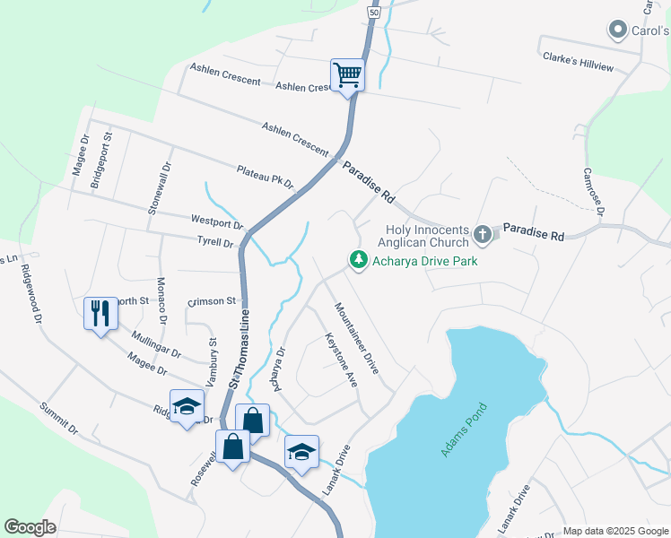 map of restaurants, bars, coffee shops, grocery stores, and more near 38 Acharya Drive in Paradise