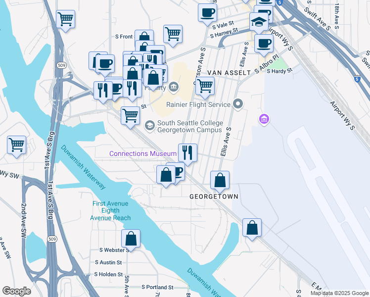 map of restaurants, bars, coffee shops, grocery stores, and more near 7000 East Marginal Way South in Seattle