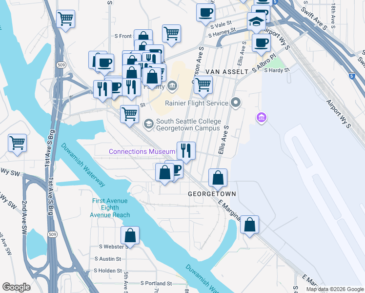 map of restaurants, bars, coffee shops, grocery stores, and more near 7000 East Marginal Way South in Seattle