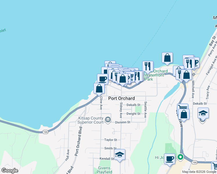 map of restaurants, bars, coffee shops, grocery stores, and more near 216 Prospect Street in Port Orchard