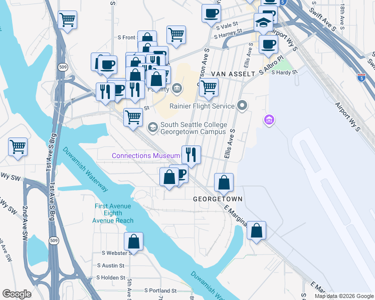 map of restaurants, bars, coffee shops, grocery stores, and more near 700 South Willow Street in Seattle