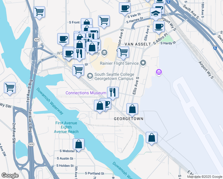 map of restaurants, bars, coffee shops, grocery stores, and more near 6736 Corson Avenue South in Seattle