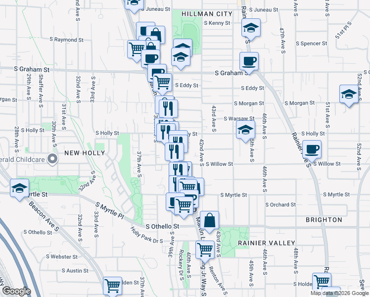 map of restaurants, bars, coffee shops, grocery stores, and more near 6754 Martin Luther King Junior Way South in Seattle