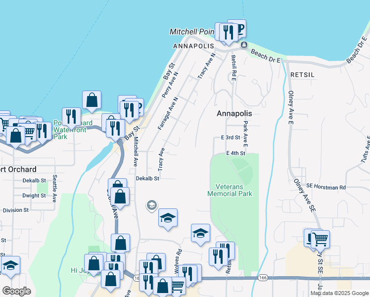 map of restaurants, bars, coffee shops, grocery stores, and more near 1800 Annies Place in Port Orchard
