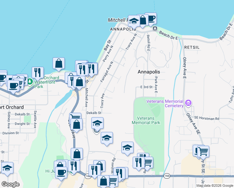 map of restaurants, bars, coffee shops, grocery stores, and more near 1800 Annies Place in Port Orchard