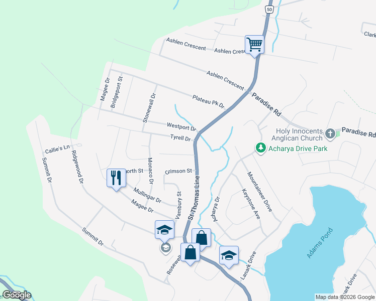 map of restaurants, bars, coffee shops, grocery stores, and more near 6 Meadow Road in Paradise