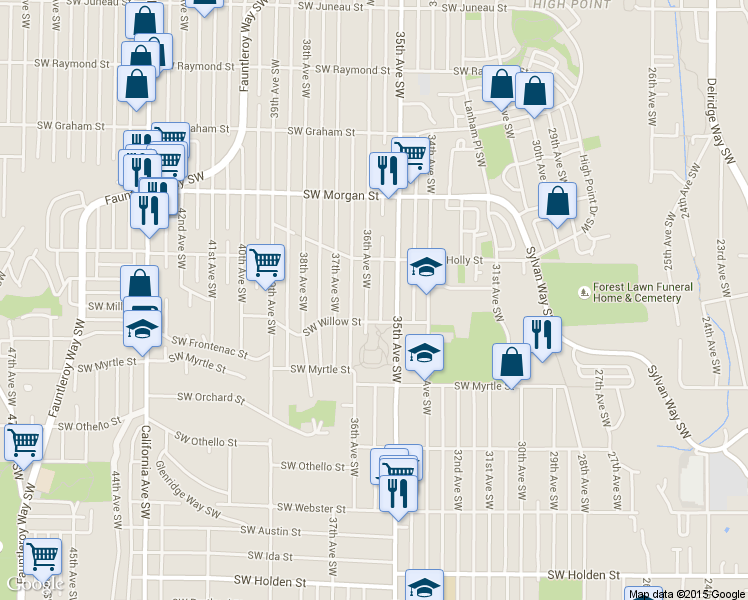 map of restaurants, bars, coffee shops, grocery stores, and more near 6900 36th Avenue Southwest in Seattle