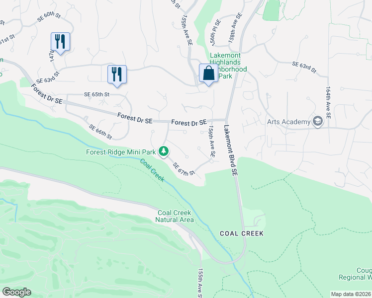 map of restaurants, bars, coffee shops, grocery stores, and more near 15430 Southeast 67th Place in Bellevue