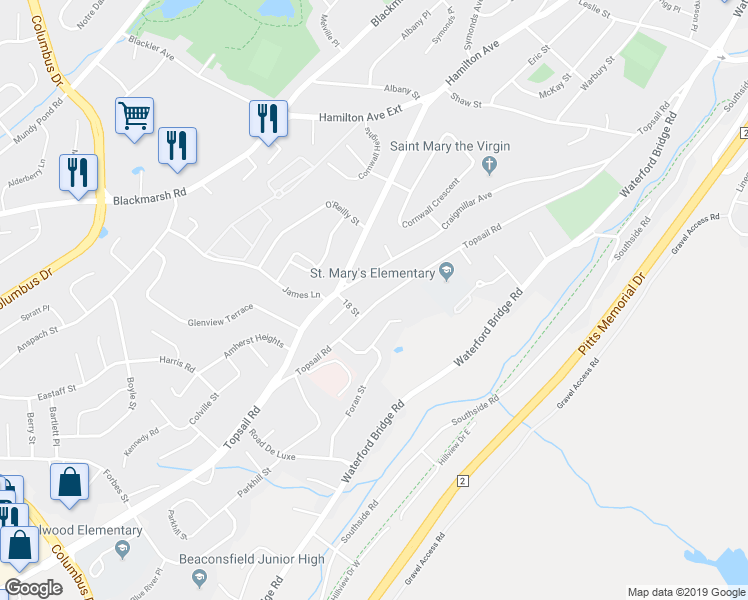 map of restaurants, bars, coffee shops, grocery stores, and more near 210 Topsail Road in St. John's