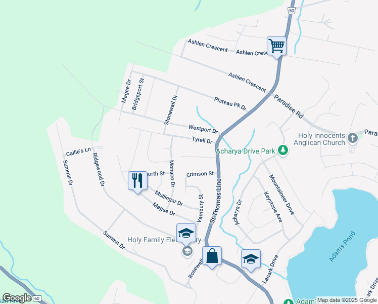 map of restaurants, bars, coffee shops, grocery stores, and more near 20 Meadow Road in Paradise