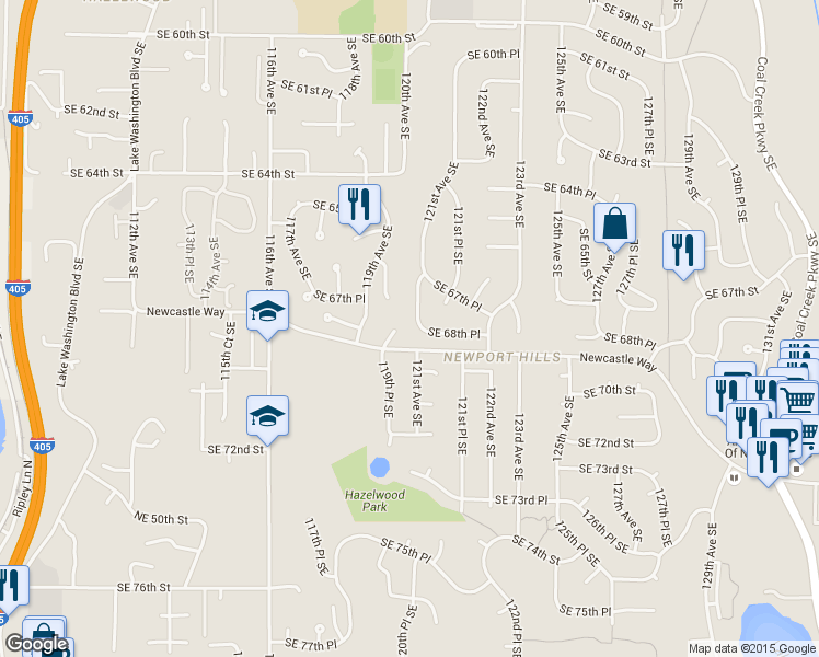 map of restaurants, bars, coffee shops, grocery stores, and more near 12102 Southeast 70th Street in Newcastle
