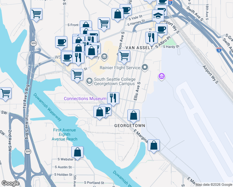 map of restaurants, bars, coffee shops, grocery stores, and more near 6906 Carleton Avenue South in Seattle