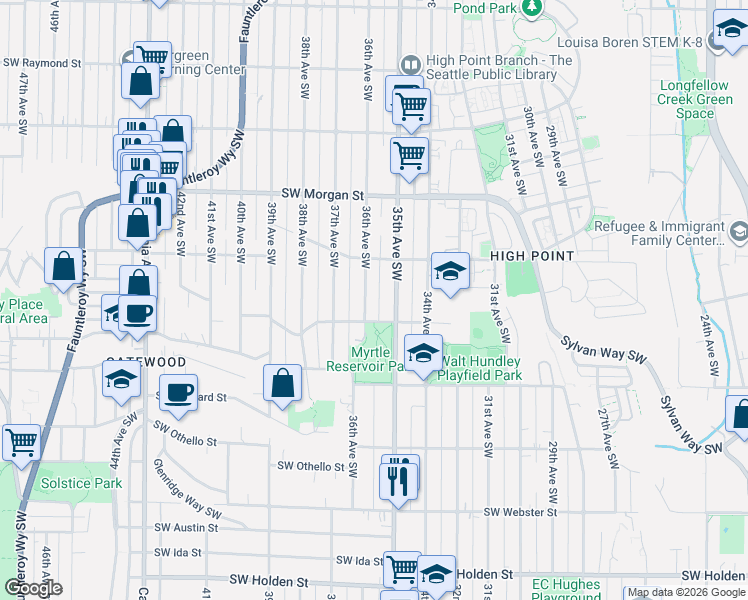 map of restaurants, bars, coffee shops, grocery stores, and more near 6900 36th Avenue Southwest in Seattle