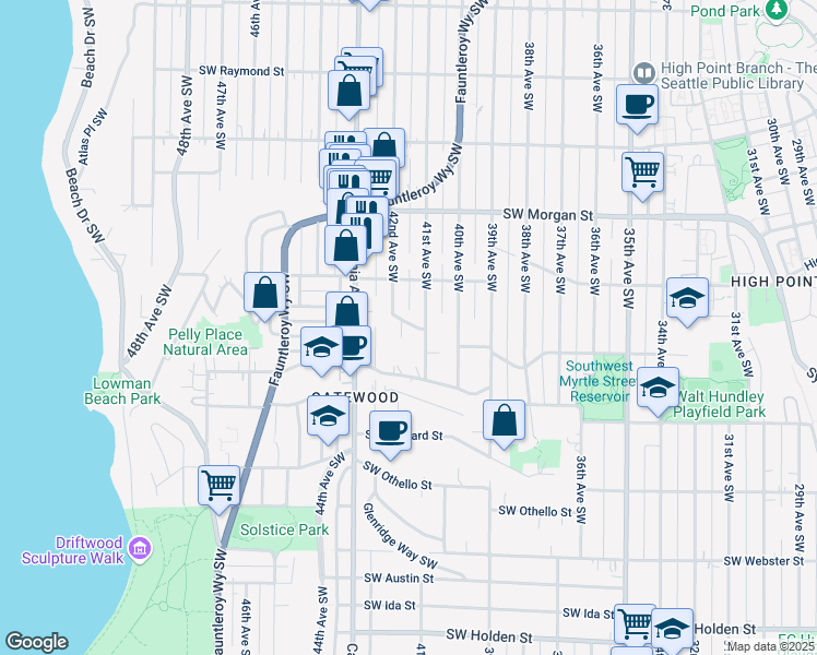 map of restaurants, bars, coffee shops, grocery stores, and more near 6773 41st Avenue Southwest in Seattle