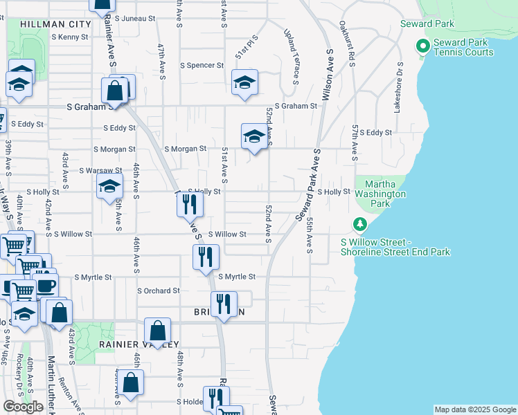 map of restaurants, bars, coffee shops, grocery stores, and more near 5150 South Brighton Street in Seattle