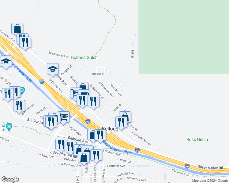map of restaurants, bars, coffee shops, grocery stores, and more near 126 North Avenue in Kellogg