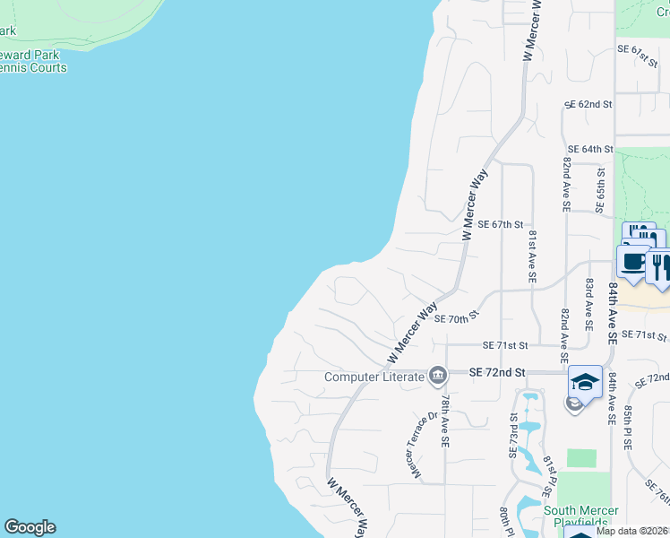map of restaurants, bars, coffee shops, grocery stores, and more near 7400 Southeast 71st Street in Mercer Island